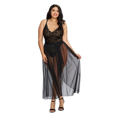 Dreamgirl Stretch Lace Teddy & Sheer Mesh Maxi Skirt With Adjustable Straps & G-String