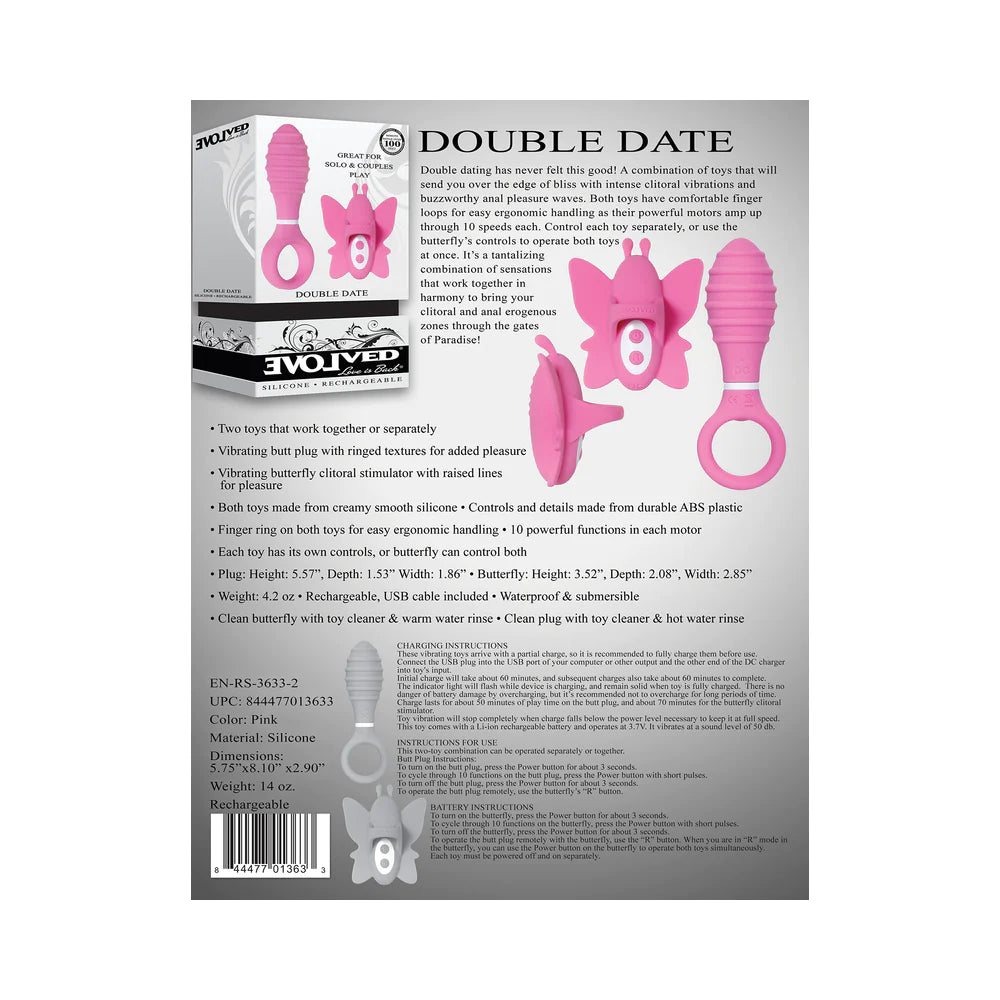 Evolved Double Date Rechargeable Silicone Vibrating Anal Plug and Clit Stimulator Couples Set