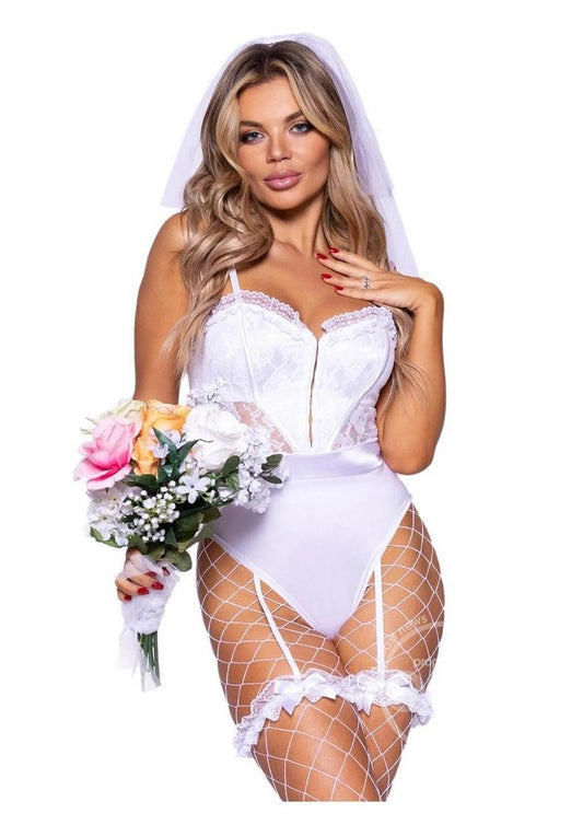 Bridal Babe Lace Garter Bodysuit, Bow And Train Bustle, and Bridal Veil (3 Piece)