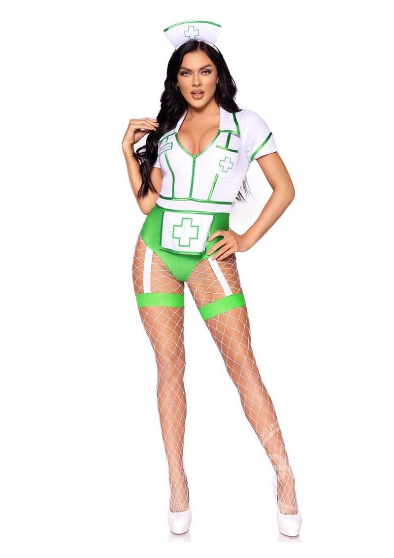 Leg Avenue Nurse Feelgood Snap Crotch Garter Bodysuit with Attached Apron and Hat Headband (2 Piece)