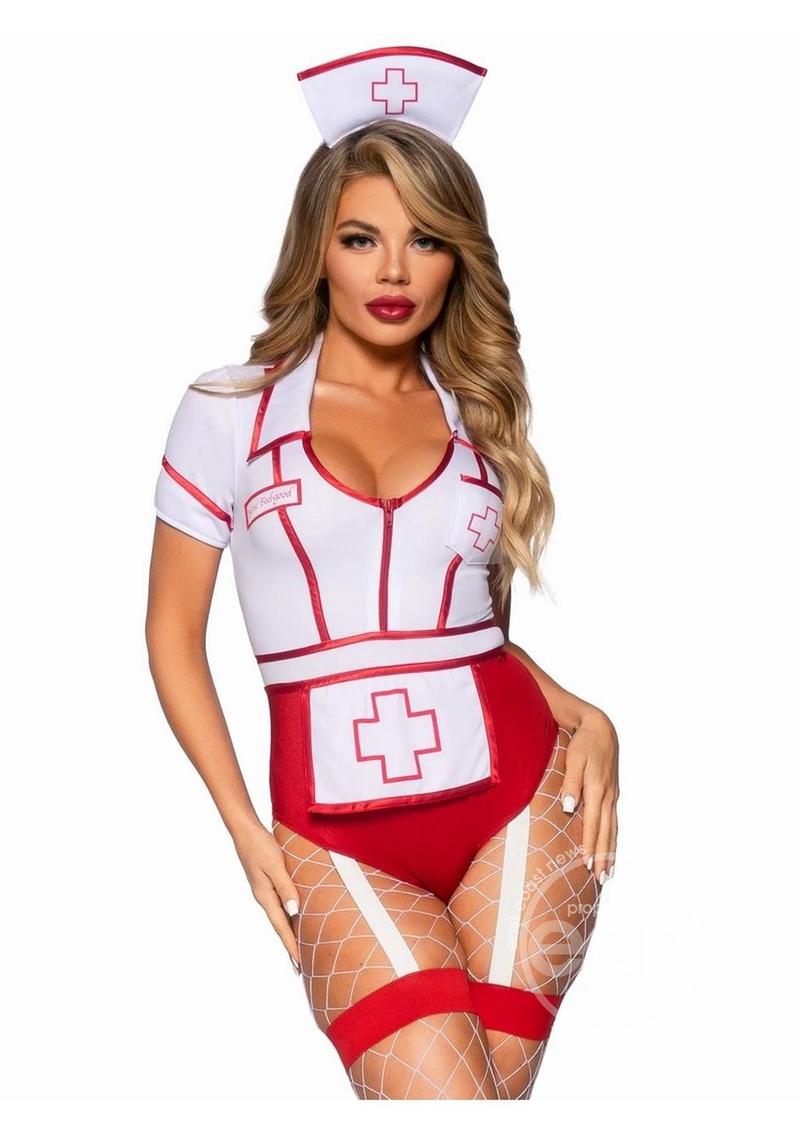 Leg Avenue Nurse Feelgood Snap Crotch Garter Bodysuit with Attached Apron and Hat Headband (2 Piece)