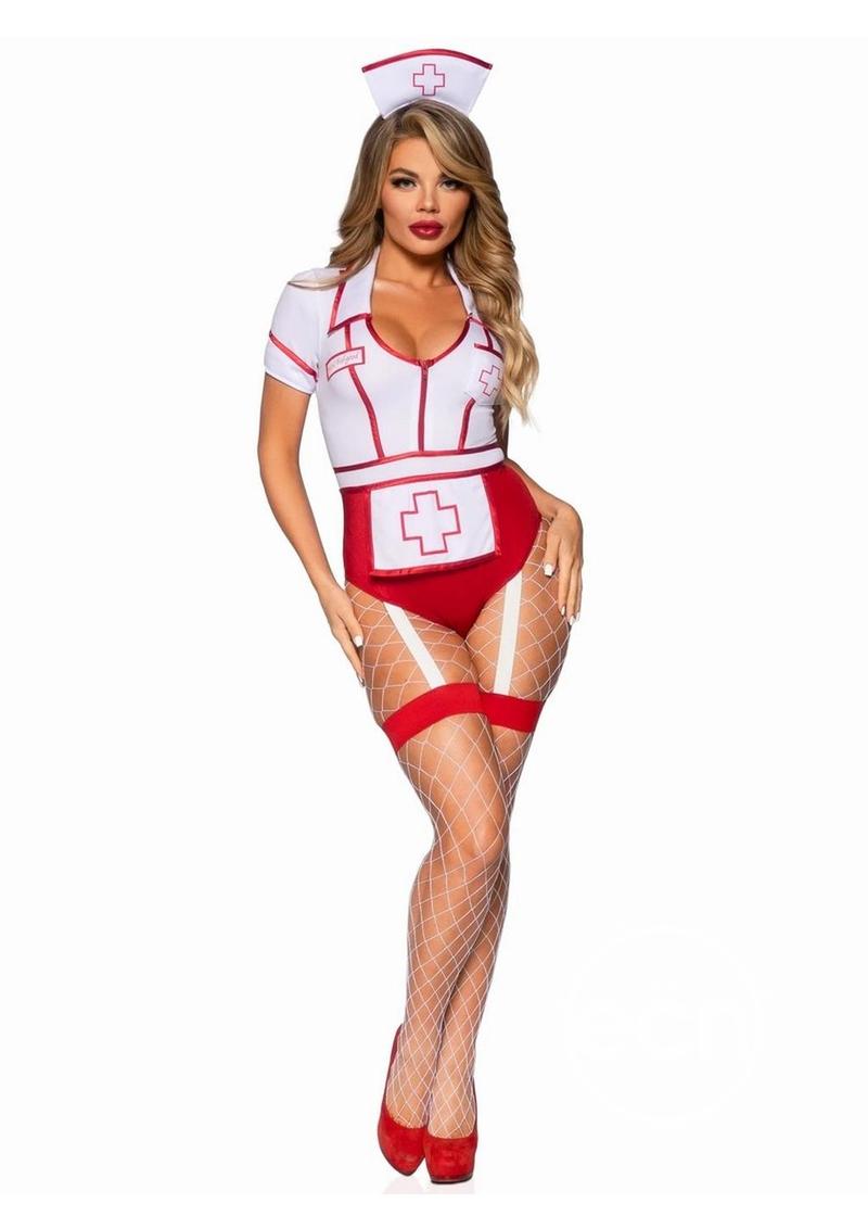 Leg Avenue Nurse Feelgood Snap Crotch Garter Bodysuit with Attached Apron and Hat Headband (2 Piece)