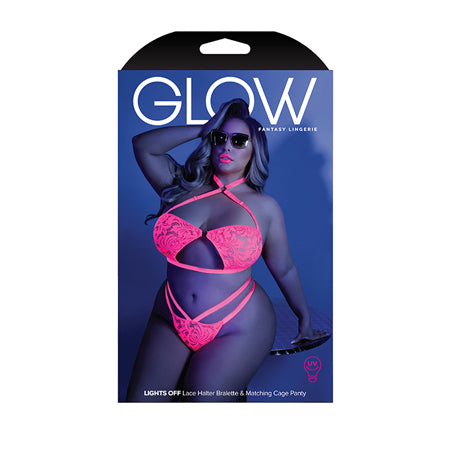 Glow Lights Off Lace Halter Bralette & Cage Panty Neon Pink QS
