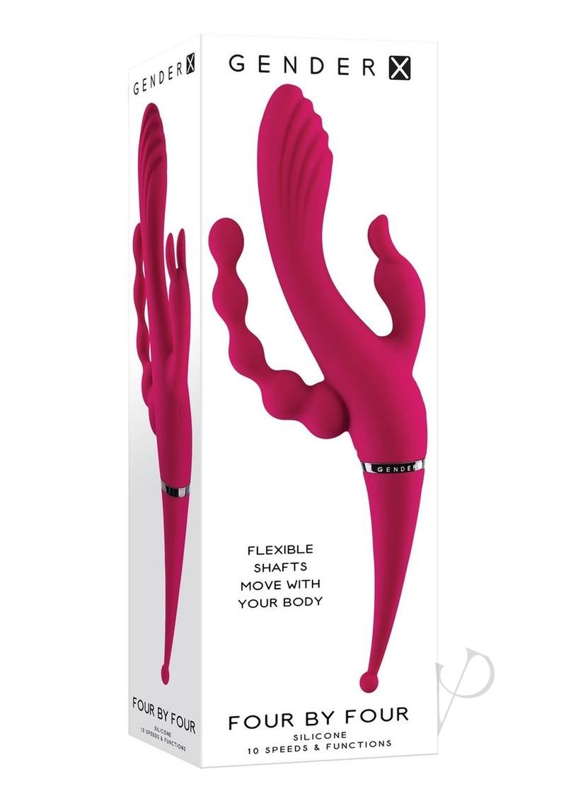 Vibrador estimulador cuádruple de silicona recargable de género X cuatro por cuatro - rojo