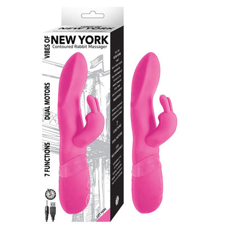 Masajeador de conejo contorneado Vibes Of New York, 7 funciones, motores duales, recargable, impermeable, rosa
