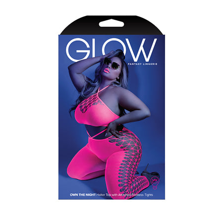 Glow Own The Night Cropped Cut-Out Halter Bodystocking Neon Pink QS