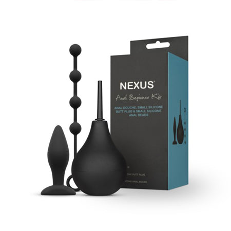 Nexus Anal Beginner Kit with Douche, Silicone Beads, Small Silicone Butt Plug Black