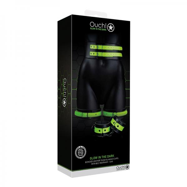 Ouch! Glow Thigh Cuffs, Hand Cuffs & Belt - Glow In The Dark - Green