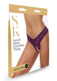 Secret Kisses Lace & Pearl Crotchless Thong - Purple