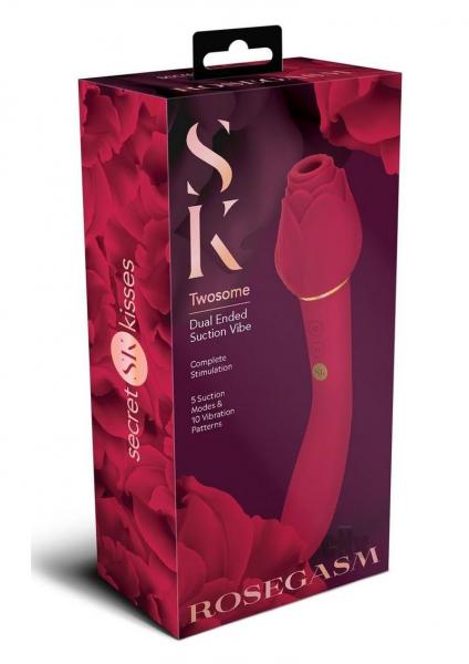 Secret Kisses Rosegasm Twosome Vibrador de doble punta de silicona recargable con estimulador de clítoris - Rojo