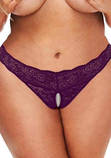 Secret Kisses Lace & Pearl Crotchless Thong - Purple