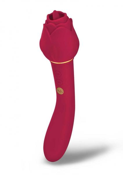 Secret Kisses Rosegasm Lingo Rechargeable Silicone Dual End Vibrator with Clitoral Stimulator - Red