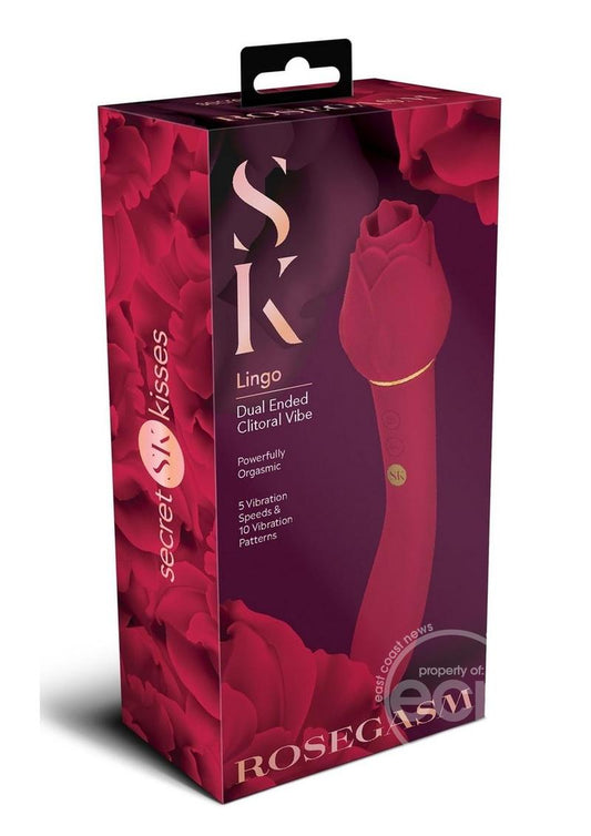 Secret Kisses Rosegasm Lingo Vibrador de doble extremo de silicona recargable con estimulador de clítoris - Rojo