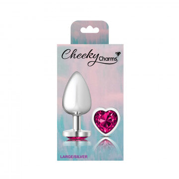 Cheeky Charms-Silver Metal Butt Plug- Heart-Bright Pink